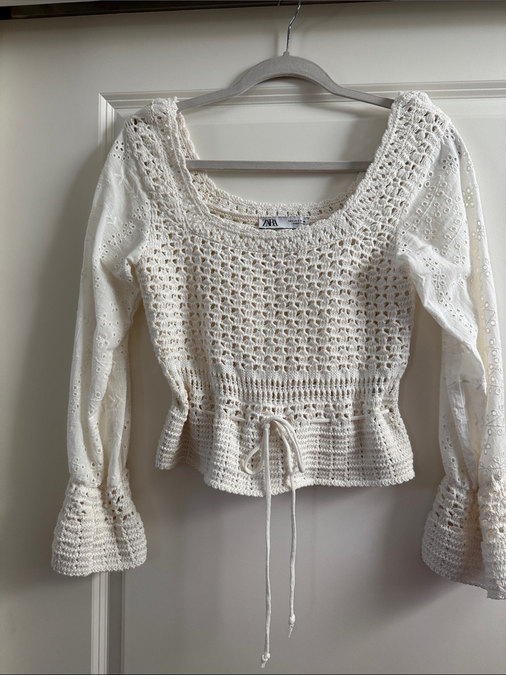 Zara Off-White Crochet Drawstring Peasant Blouse